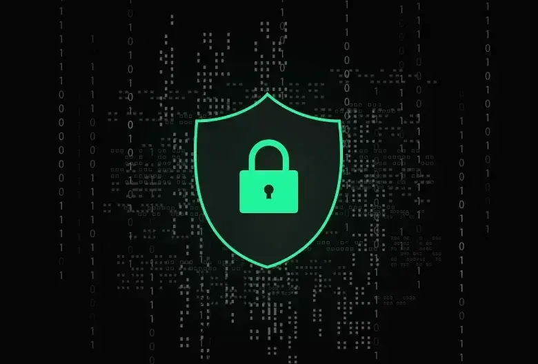 A shield and padlock over a field of falling binary digits.