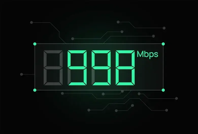 A network speed readout showing 998 Mbps on a circuit board.