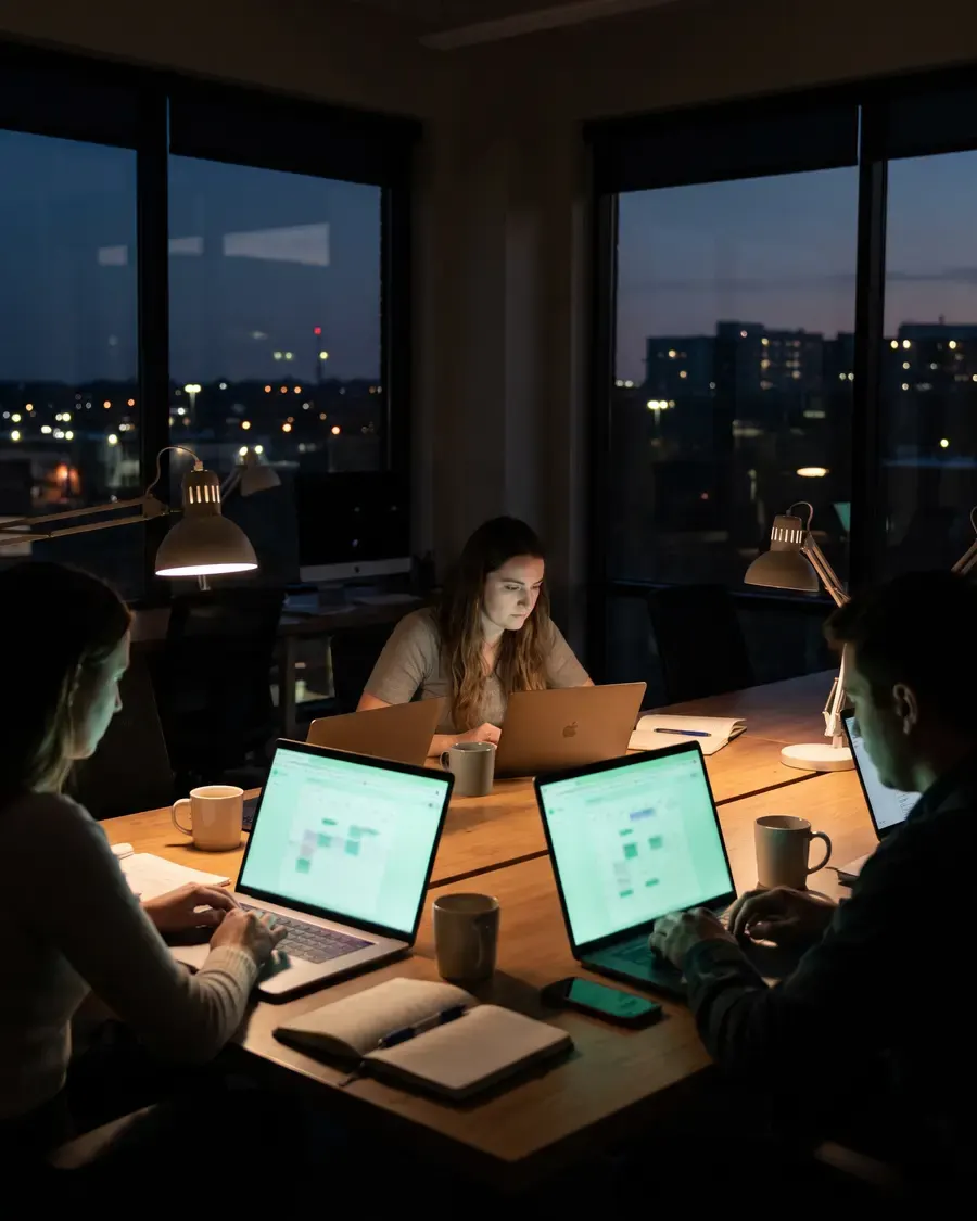 A small team working across laptops in a dark open-plan office in the evening.